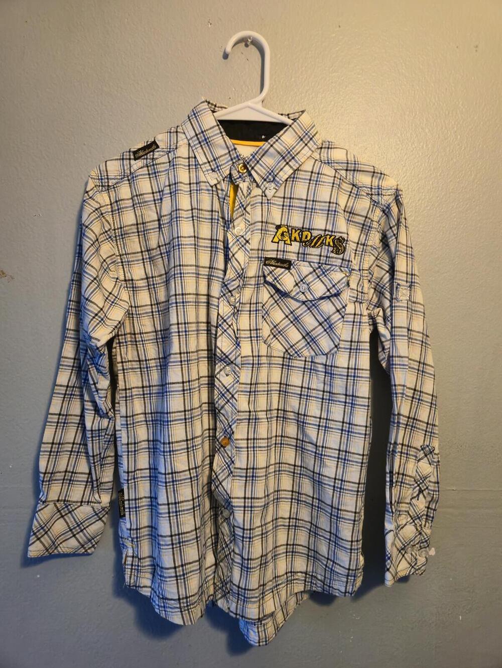 VTG Y2K Akademiks Men's Long Sleeve White Blue Gold Plaid Button-Up Shirt Medium
